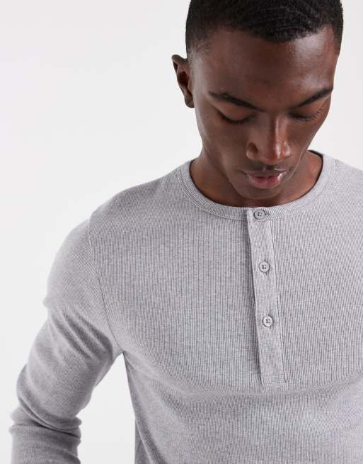 ASOS DESIGN – Geripptes, langärmliges Muskelshirt in meliertem Grau mit Henley-Ausschnitt, 2 von 5