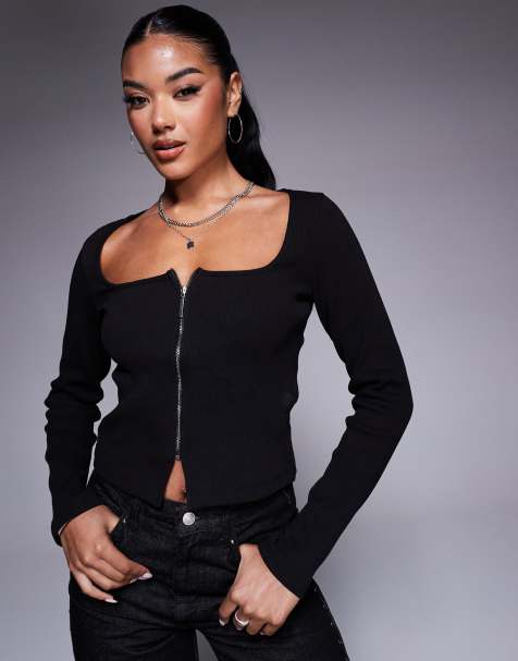 ASOS DESIGN – Geripptes, langärmliges Oberteil in Schwarz mit eckigem Ausschnitt und Reißverschluss vorne - view 1