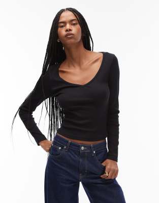 ASOS DESIGN - Geripptes, langärmliges Oberteil in Schwarz mit V-Ausschnitt-Bunt