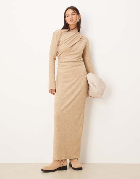 ASOS DESIGN – Geripptes Maxikleid in einem melierten Naturton mit Drapierung - view 1