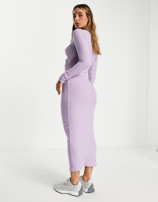 ASOS DESIGN – Geripptes Midikleid aus gebürstetem Material in Flieder mit Zierknoten vorne, 2 von 4