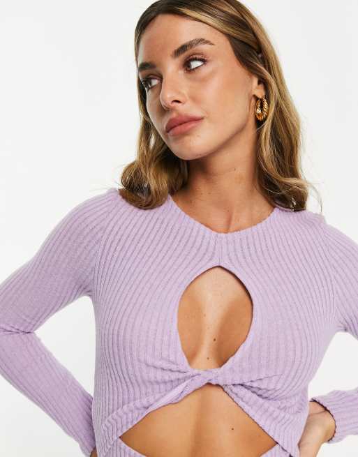 ASOS DESIGN – Geripptes Midikleid aus gebürstetem Material in Flieder mit Zierknoten vorne, 3 von 4