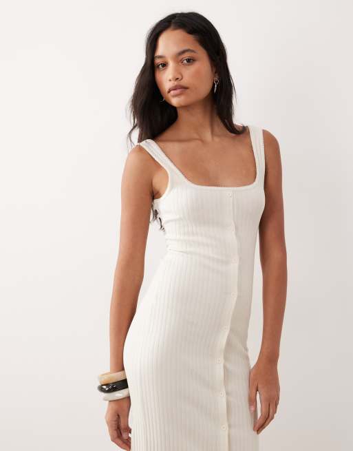 ASOS DESIGN – Geripptes Midikleid in Cremeweiß mit Knopfleiste und Picot-Besatz, 3 von 4