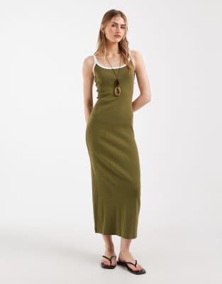 Geripptes Midikleid in Khaki mit Kontrastbesatz in Weiß-Grün Grün 40