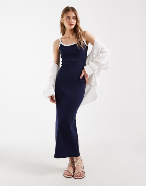 ASOS DESIGN – Geripptes Midikleid in Marineblau mit Kontrastbesatz in Weiß - view 1