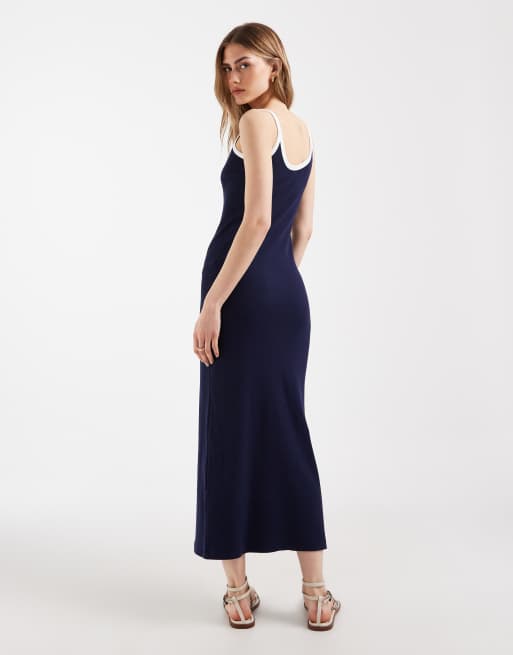 ASOS DESIGN – Geripptes Midikleid in Marineblau mit Kontrastbesatz in Weiß, 3 von 4