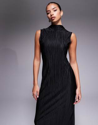ASOS DESIGN - Geripptes Midikleid in Schwarz mit Stehkragen