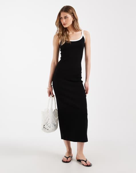 ASOS DESIGN – Geripptes Midikleid in Schwarz mit weißem Kontrastbesatz - view 1