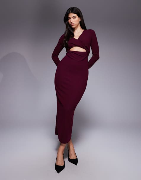 ASOS DESIGN – Geripptes Midikleid in Weinrot mit Knotendetail - view 1