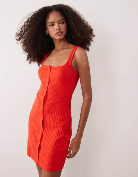 ASOS DESIGN – Geripptes Minikleid in leuchtendem Rot mit Knopfleiste und Picot-Besatz - view 1