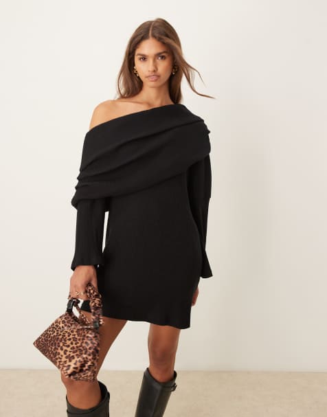 ASOS DESIGN – Geripptes Minikleid in Schwarz mit abfallender Schulterpartie - view 1