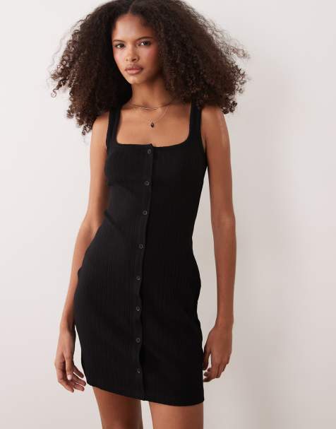 ASOS DESIGN – Geripptes Minikleid in Schwarz mit Knopfleiste und Picot-Besatz - view 1
