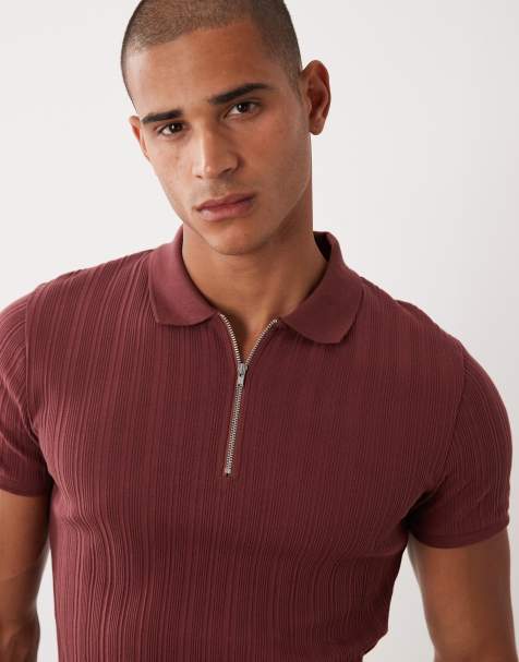 ASOS DESIGN – Geripptes Muskel-Polohemd in Burgunderrot mit Reißverschluss - view 1