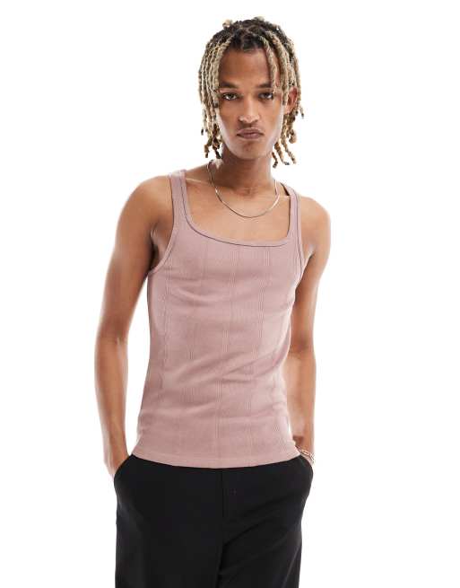 ASOS DESIGN – Geripptes Muskel-Trägertop in Rosa mit eckigem Ausschnitt