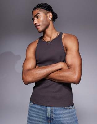 Geripptes Muskelshirt aus superschwerem Stoff in Braun Braun 2XL