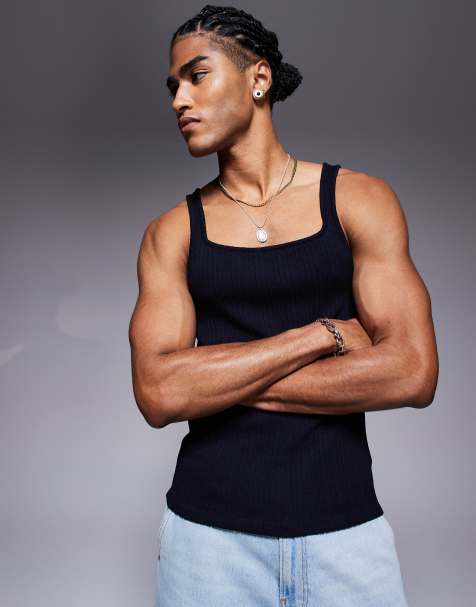 ASOS DESIGN – Geripptes Muskelshirt in Marineblau mit eckigem Ausschnitt - view 1