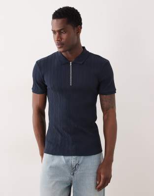 Geripptes Muskelshirt in Marineblau mit Reißverschluss Marineblau XL