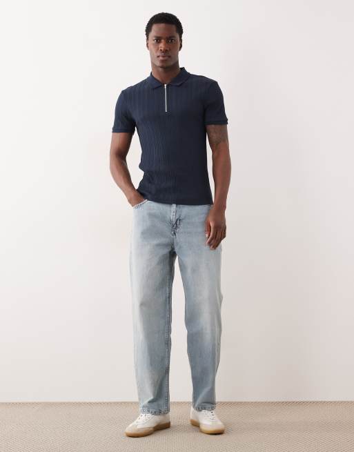 ASOS DESIGN – Geripptes Muskelshirt in Marineblau mit Reißverschluss, 2 von 5