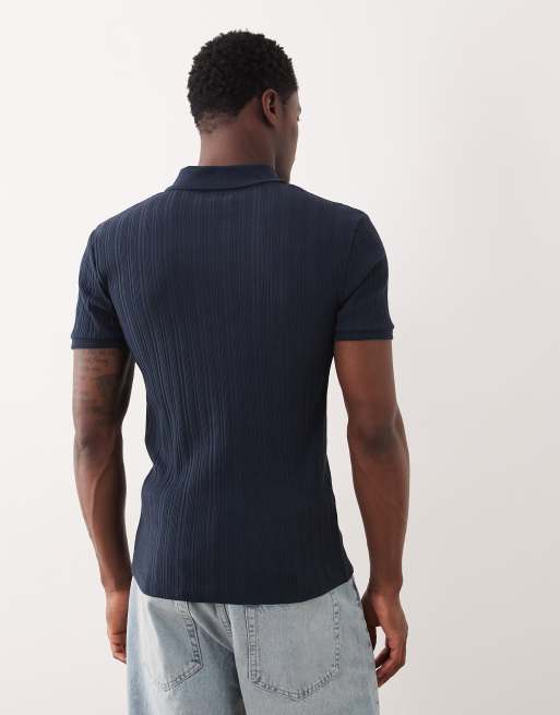ASOS DESIGN – Geripptes Muskelshirt in Marineblau mit Reißverschluss, 3 von 5