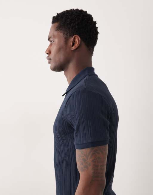 ASOS DESIGN – Geripptes Muskelshirt in Marineblau mit Reißverschluss, 4 von 5