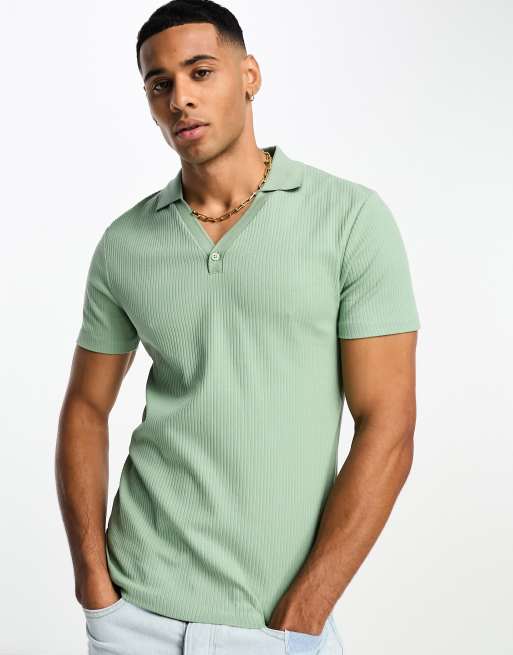ASOS DESIGN – Geripptes Muskelshirt in verwaschenem Grün mit Polokragen