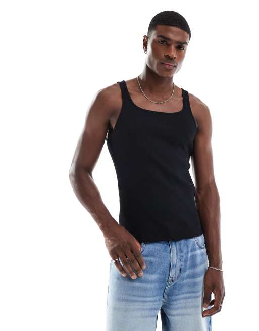 ASOS DESIGN – Geripptes Muskelträgertop in Schwarz mit eckigem Ausschnitt