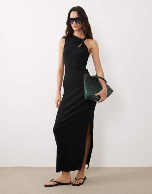 ASOS DESIGN - Geripptes Neckholder-Midikleid in Schwarz mit Schlüssellochdetail