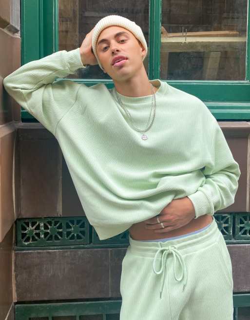ASOS DESIGN – Geripptes Oversize-Sweatshirt in Grün, Kombiteil