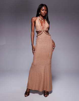 ASOS DESIGN - Geripptes, plissiertes Neckholder-Midikleid in strukturiertem Orange-Kamelbraun-Neutral