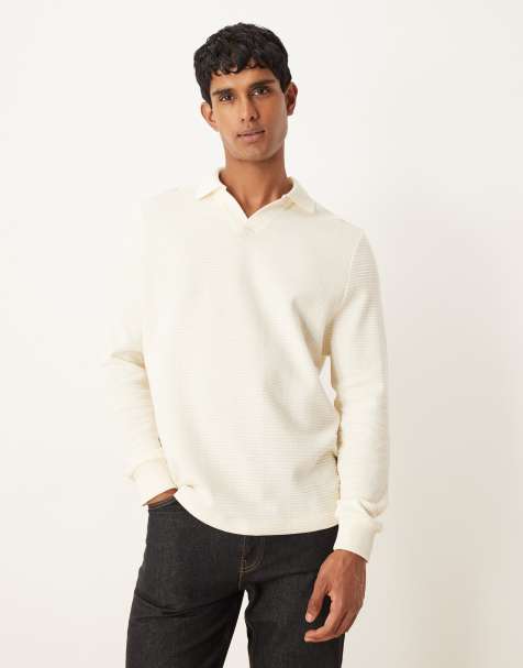ASOS DESIGN – Geripptes Polohemd in Ecru mit eingekerbtem Ausschnitt - view 1