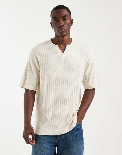 ASOS DESIGN – Geripptes Relaxed-Fit-T-Shirt in beiger Leinenoptik mit eingekerbtem Ausschnitt - view 1