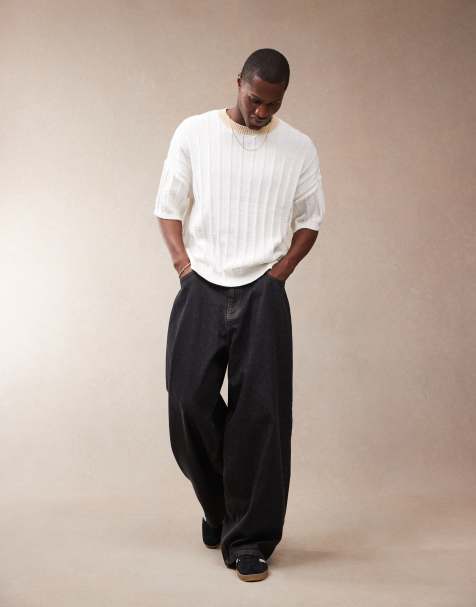 ASOS DESIGN – Geripptes schweres Oversize-T-Shirt in Ecru mit kastiger Passform und Rundhalsausschnitt - view 1