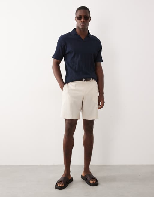 ASOS DESIGN – Geripptes Slim-Fit-Hemd in Marineblau mit eingekerbtem Polo-Ausschnitt, 2 von 5