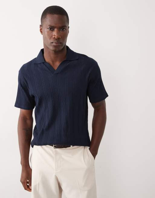 ASOS DESIGN – Geripptes Slim-Fit-Hemd in Marineblau mit eingekerbtem Polo-Ausschnitt, 3 von 5