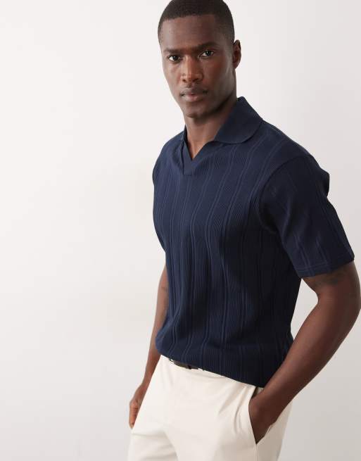 ASOS DESIGN – Geripptes Slim-Fit-Hemd in Marineblau mit eingekerbtem Polo-Ausschnitt, 4 von 5