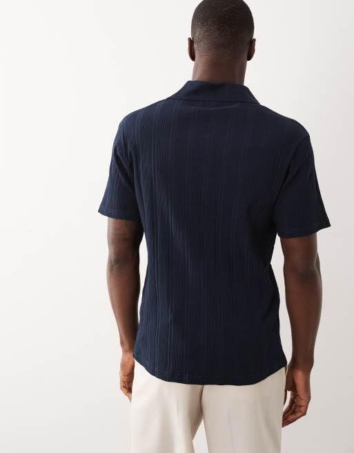 ASOS DESIGN – Geripptes Slim-Fit-Hemd in Marineblau mit eingekerbtem Polo-Ausschnitt, 5 von 5