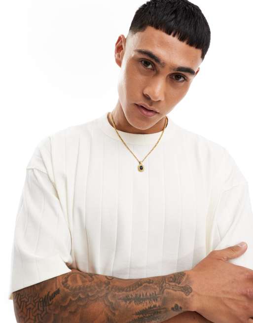 ASOS DESIGN – Geripptes T-Shirt in Cremeweiß mit kastigem Oversize-Schnitt 
