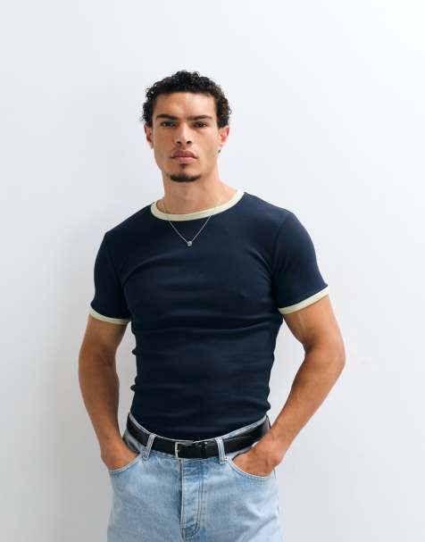 ASOS DESIGN – Geripptes T-Shirt in Marineblau mit körperbetontem Schnitt und Ringer-Design - view 1