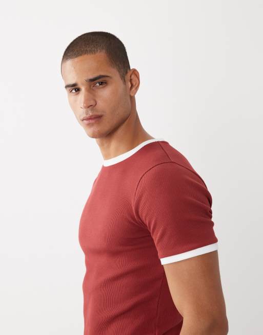 ASOS DESIGN – Geripptes T-Shirt in Rot mit körperbetontem Schnitt und Ringer-Design, 2 von 5