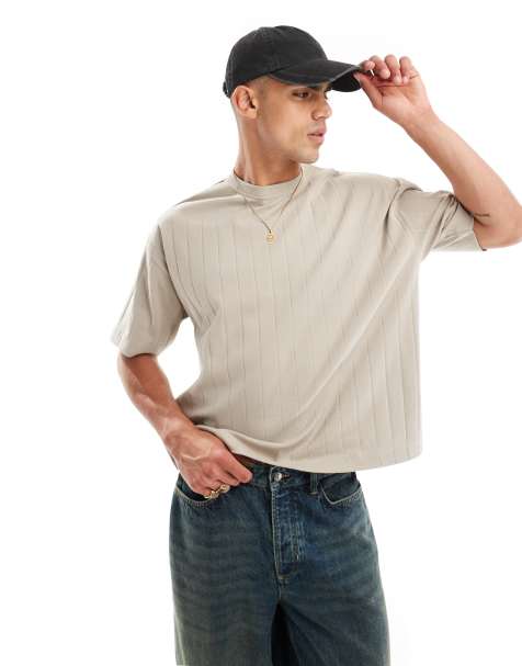ASOS DESIGN – Geripptes T-Shirt in Steinbeige mit kastigem Oversize-Schnitt - view 1
