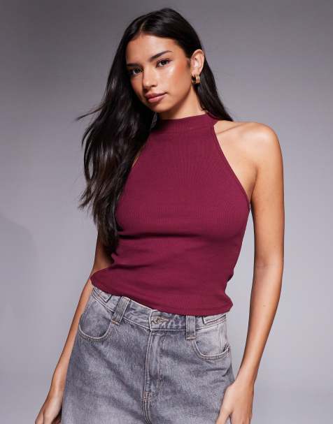 ASOS DESIGN – Geripptes Tanktop in Beerenrot mit weitem Ausschnitt und Knopfleiste - view 1