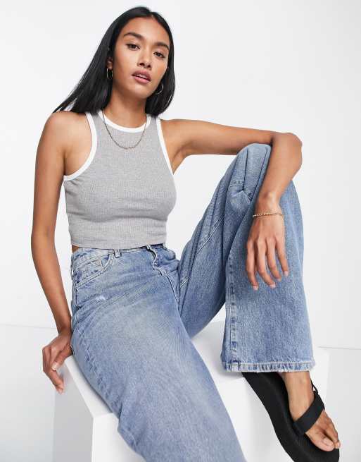 ASOS DESIGN – Geripptes Tanktop in Kalkgrau mit farblich abgesetzter Einfassung 