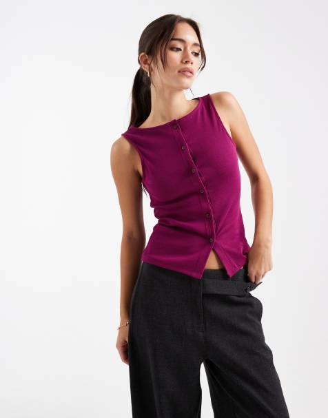 ASOS DESIGN – Geripptes Tanktop in Pflaume mit weitem Ausschnitt und Knopfleiste - view 1