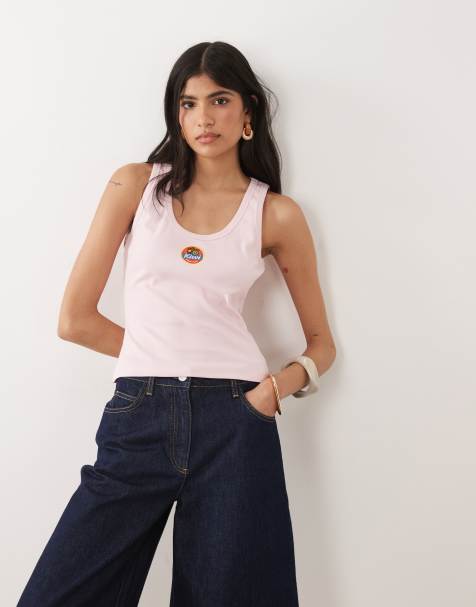 ASOS DESIGN – Geripptes Tanktop in Rosa mit Stickerei und U-Ausschnitt - view 1