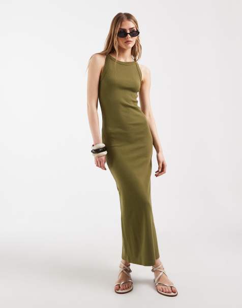 ASOS DESIGN – Geripptes Tanktop-Midikleid in Khaki - view 1