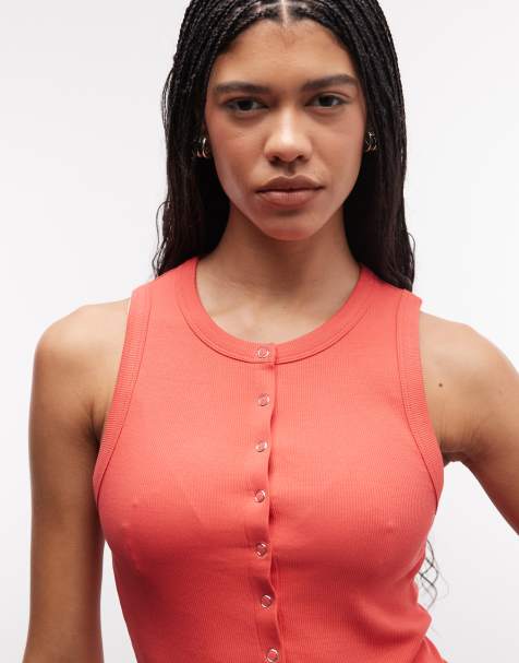 ASOS DESIGN – Geripptes Trägertop in Korallenrosa mit Druckknopf-Detail - view 1