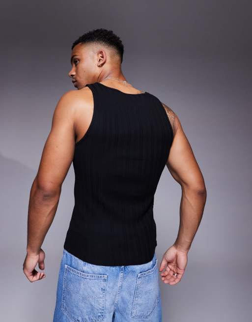 ASOS DESIGN muscle fit rib knit tank top with high square neck in black