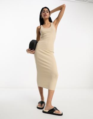 ASOS DESIGN - Geripptes Trägertop-Kleid in Midilänge mit U-Ausschnitt in Stein-Neutral