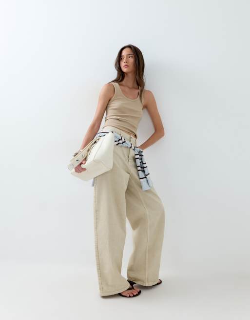 ASOS DESIGN geripptes Trägertop mit breiter Einfassung und U-Ausschnitt in Stone, 5 von 5
