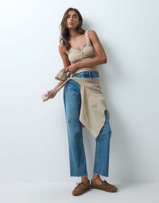 ASOS DESIGN geripptes Trägertop mit U-Ausschnitt und Knopfleiste in Biscuit, 2 von 5